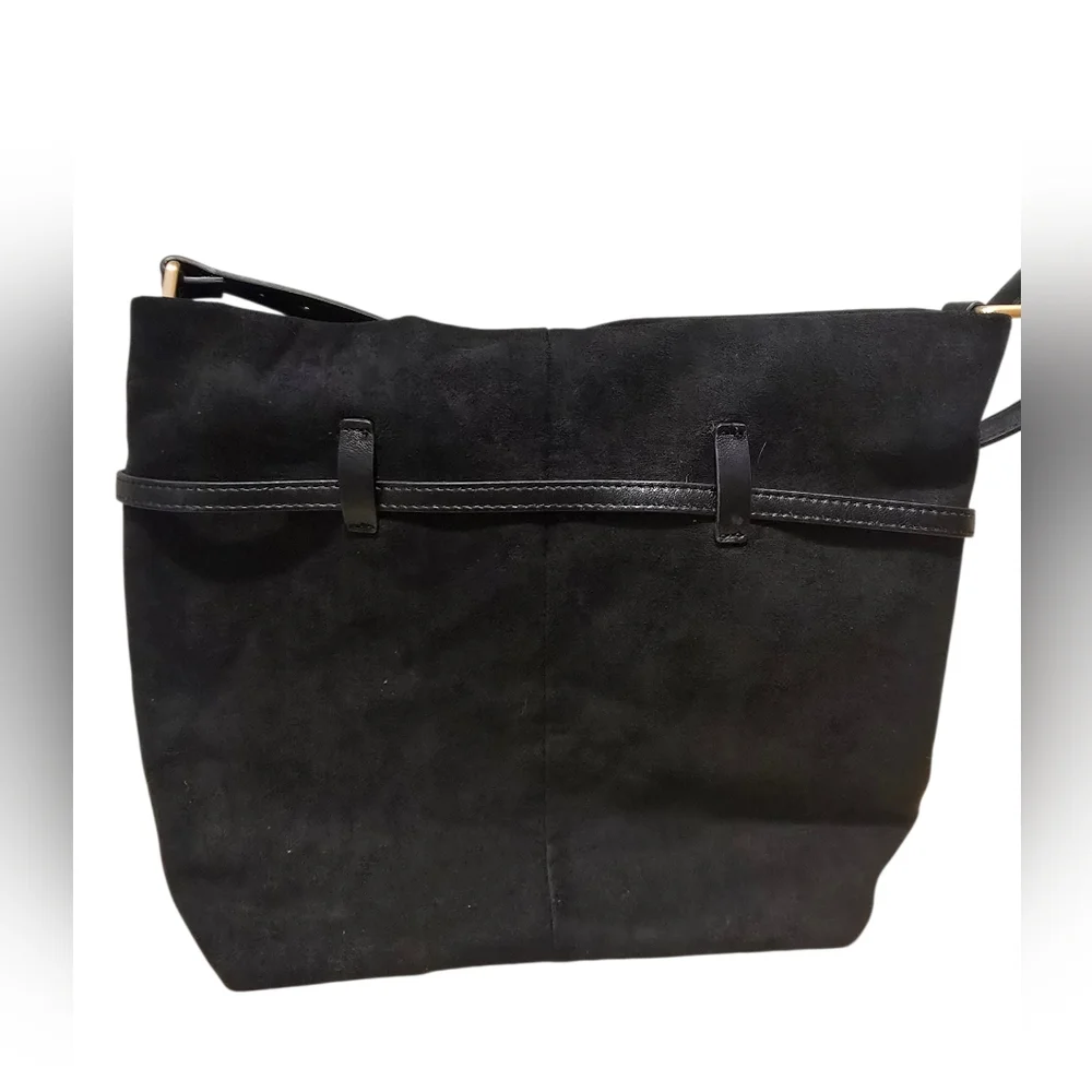 House of Harlow 1960 Black Vegan Suede Shoulder Bag with Gold Accents